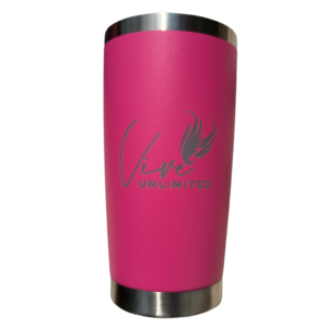 Vive Unlimited matte pink stainless steel tumbler with a silver rim and base, featuring the brand's logo in a delicate script.